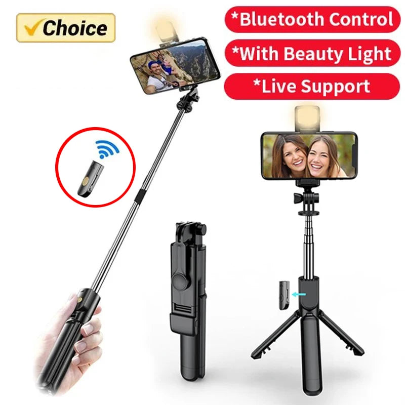 Trépied selfie Bluetooth extensible avec télécommande – Pink With Lights