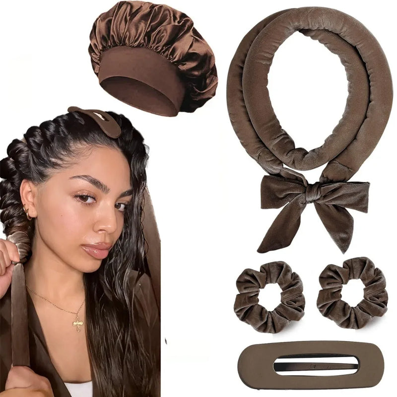 Bandeau boucleur sans chaleur en satin – Brown with cap