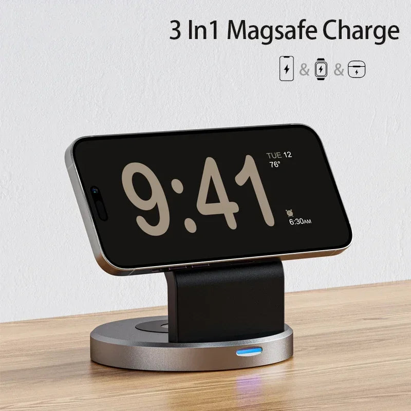Station de charge sans fil 3-en-1 avec réveil LED